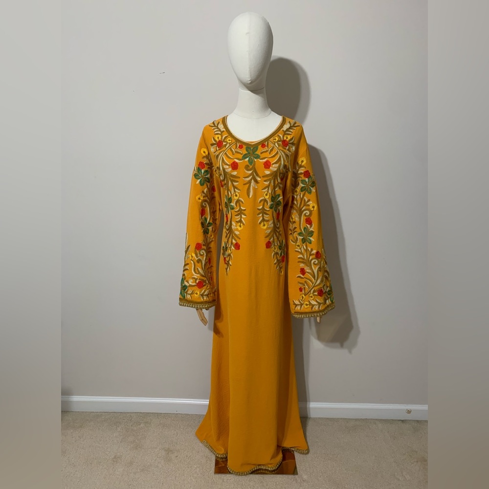 Mustard Yellow Embroidered Dress / Arab Traditional Abaya
